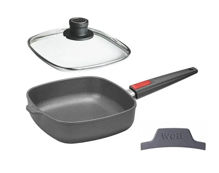 Hochrandpfanne Aluguss Nowo Titanium Induction viereckig 28 cm mit Deckel und Schutzgriff