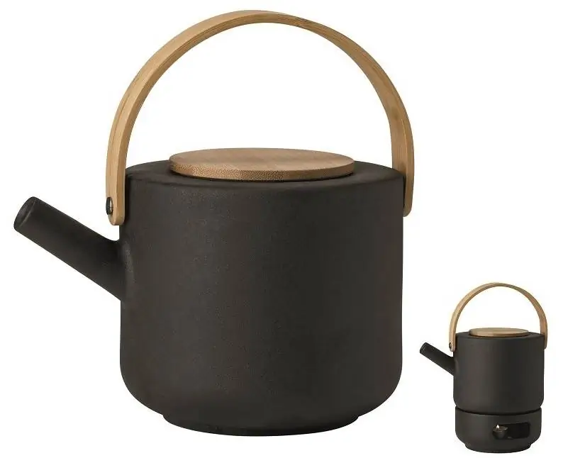 5709846016002 - - Theo Teekanne 125L - schwarz Deckel und Griff aus Bambus H 16cm Ø 22cm